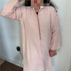 Handmade jellaba Light Pink Long Tunic with Subtle Gold Stripes